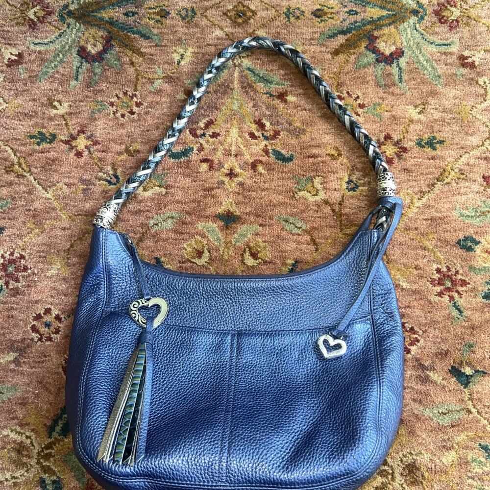 Brighton Barbados Hobo Shoulder Bag Pebbled Leather Heart Fob Navy Blue E602691